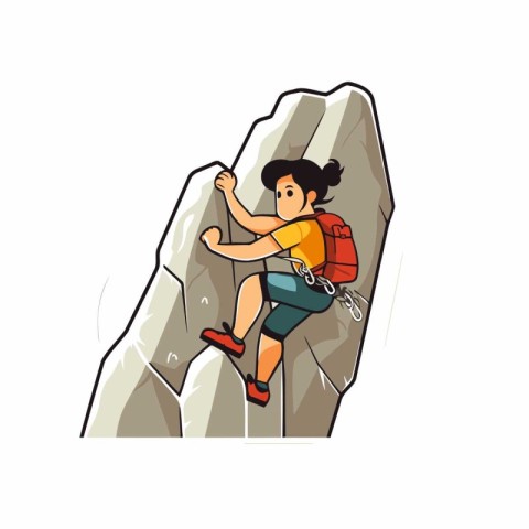 Vector illustration of a woman climbing on a rock with a backpac