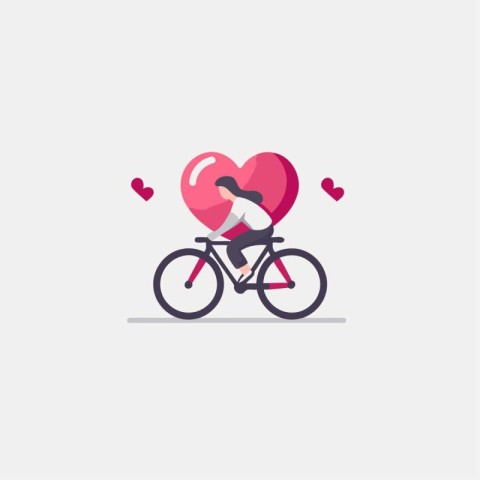 Vector illustration of a woman riding a bicycle with a heart in