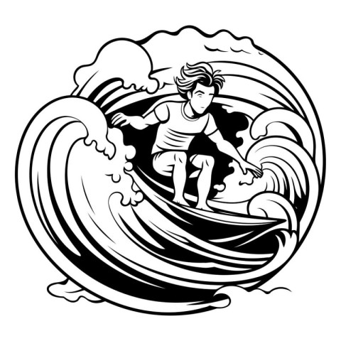 Vector illustration of a surfer on the surfboard. Black and whit