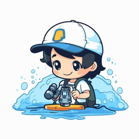 Cute boy with a microscope in the sea. Vector illustration.