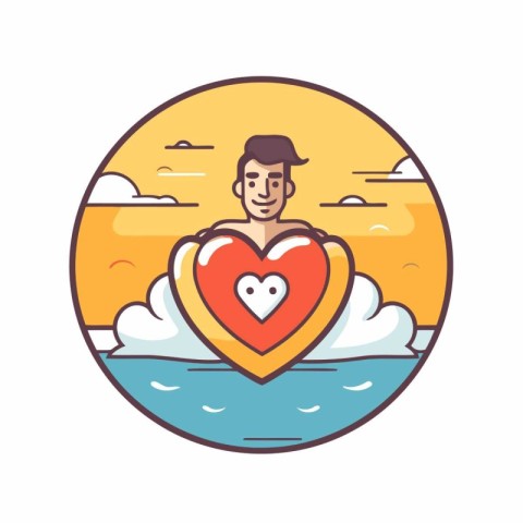 Man holding heart in the sea. Vector illustration in thin line s