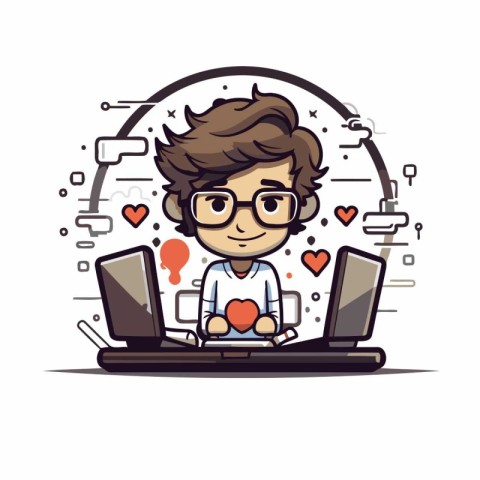 Boy with Laptop and Social Media Icons. Vector illustration.