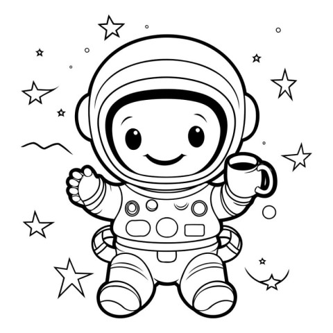 Cartoon astronaut holding a cup of tea. Vector illustration for