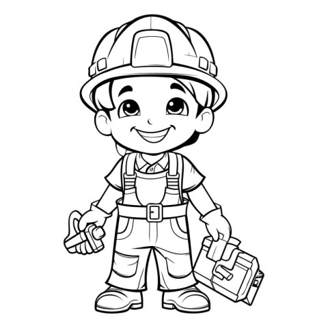 Black and White Cartoon Illustration of Cute Little Boy Construc