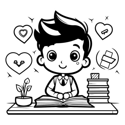 Cute boy reading a book. Black and white vector illustration.