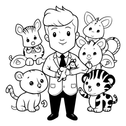 Coloring book for children: veterinarian with animals. Vector il