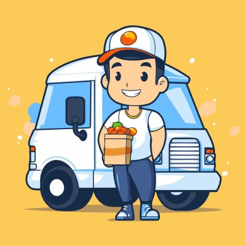 Delivery man with a food truck. Vector illustration in cartoon s