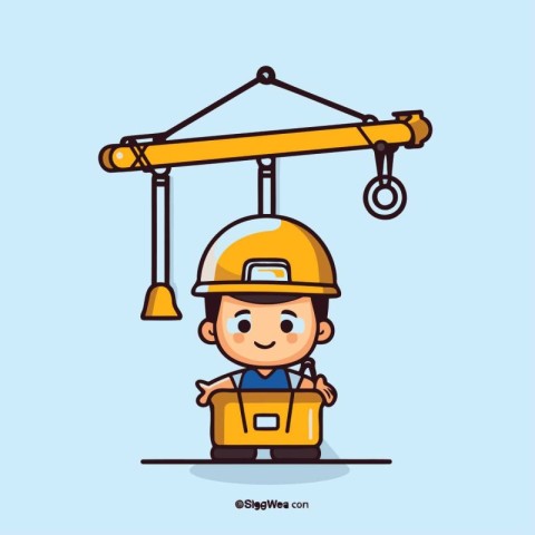 Cartoon construction worker with crane. Vector illustration. Eps