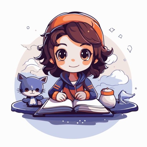 Vector illustration of a cute little girl reading a book with he