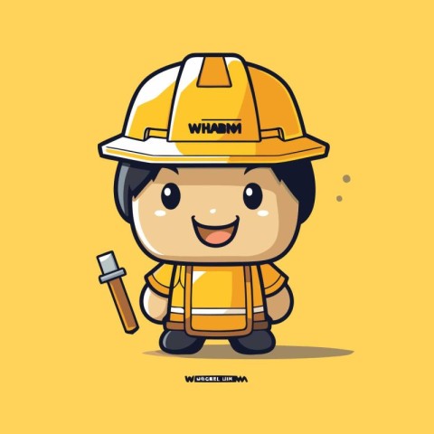 Cute cartoon construction worker character with yellow helmet. V