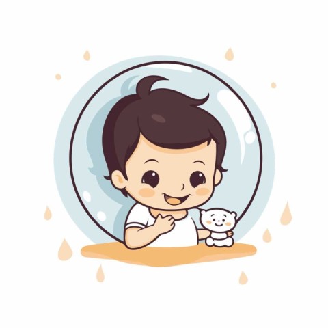 Cute little boy playing with snowman in glass ball. Vector illus