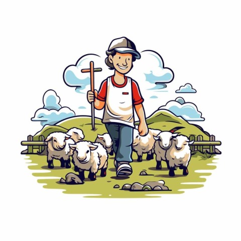 Farmer with sheep. Vector illustration in cartoon style on white