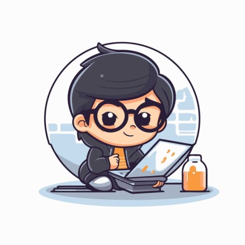 Cute boy using laptop computer in the office. Vector illustratio