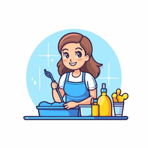 Girl washing dishes in the kitchen. Vector illustration in carto