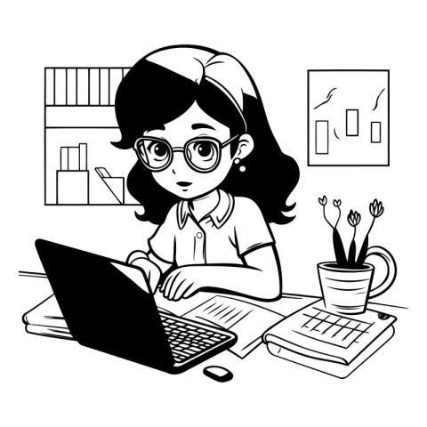 Vector illustration of a girl studying at home with a laptop. Bl