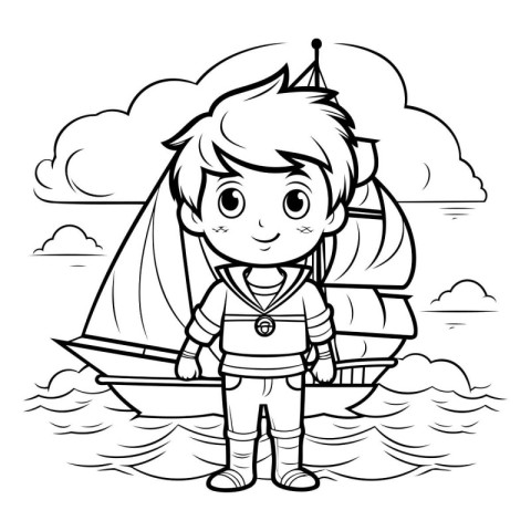 Coloring Page Outline Of a Kid Boy with a Sailboat