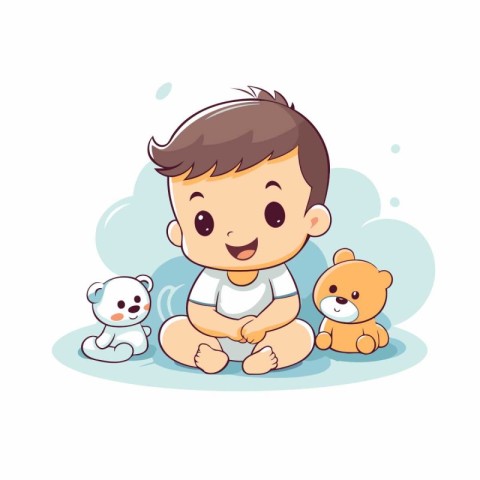 Cute little baby boy playing with teddy bear. Vector illustratio