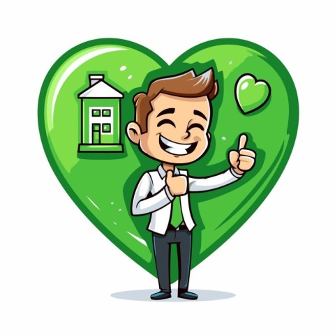 Cute man with house in heart shape. Vector cartoon illustration.