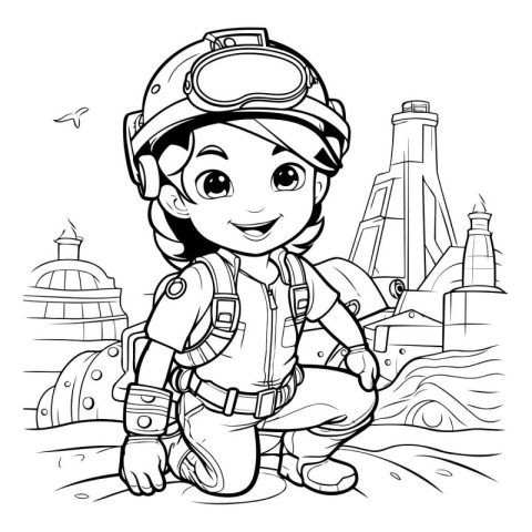 Little boy with helmet and goggles in the city. Coloring book fo