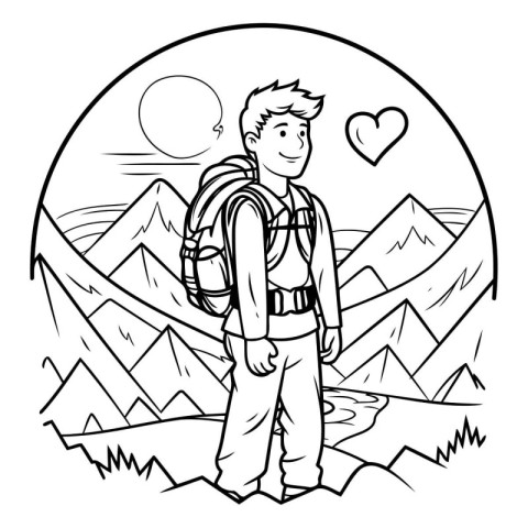 Hiking man with a backpack in the mountains. Vector illustration