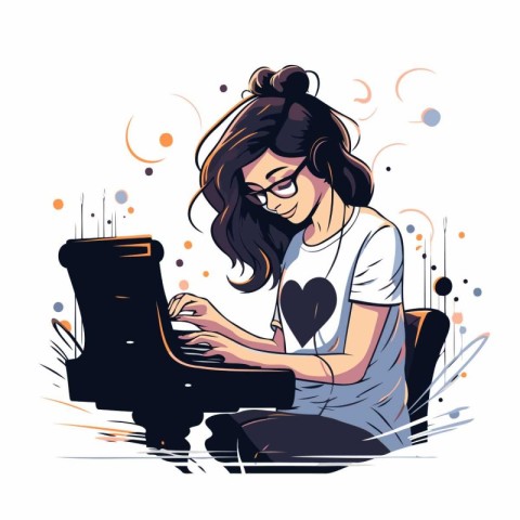 Vector illustration of a girl playing the piano on a white backg