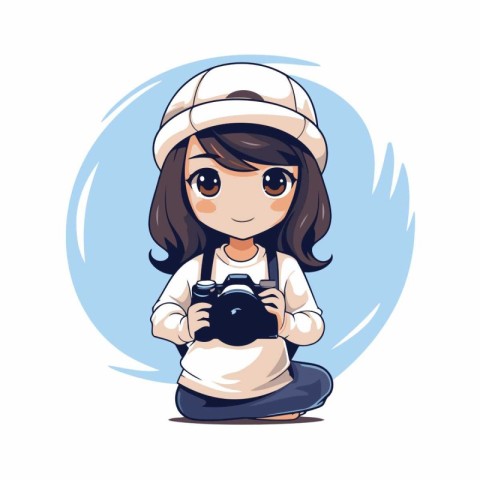 Cute little girl with camera. Vector illustration in cartoon sty