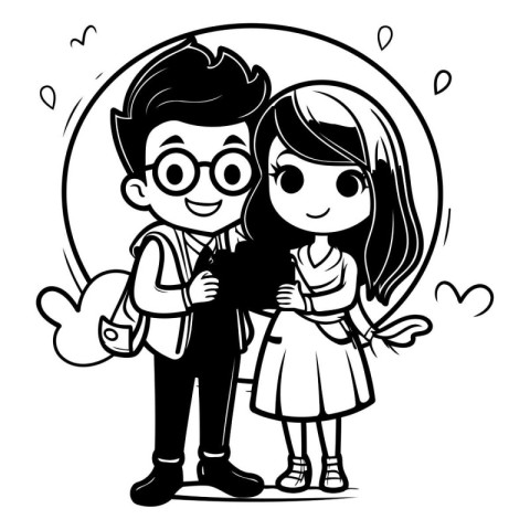 Black and White Cartoon Illustration of Happy Young Couple in Lo