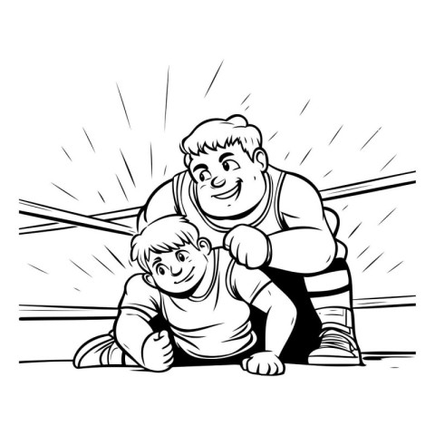 Outline illustration of a fat man and his son looking at the cam