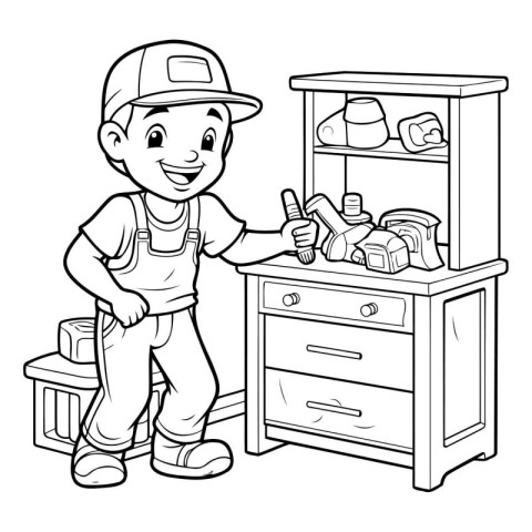 Coloring Page Outline Of a Little Boy Plumber Repairing Furnitur