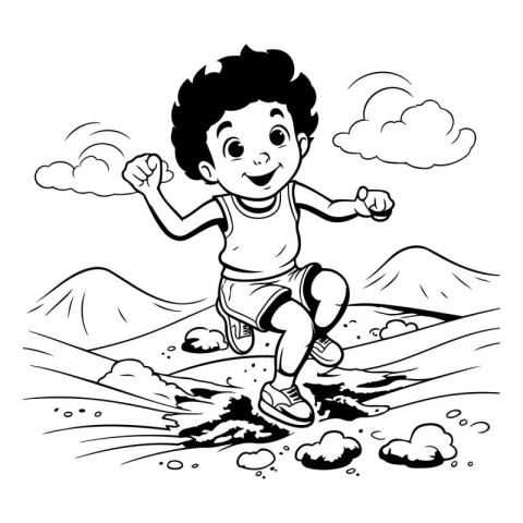 Black and White Cartoon Illustration of a Kid Running on a Mount