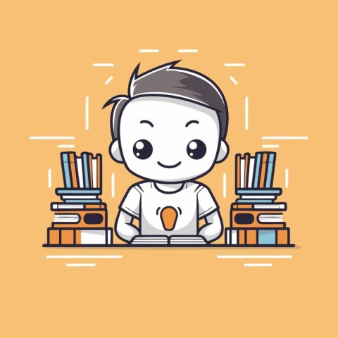 Cute school boy sitting at desk with books. Vector illustration.