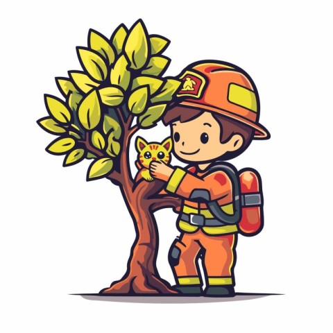 Cartoon firefighter with cat on tree. Cute vector illustration.