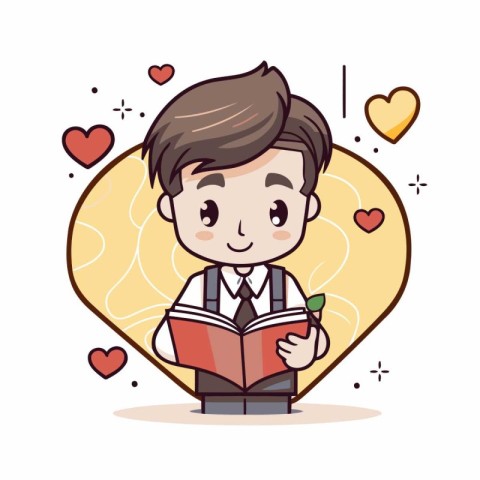 Cute boy reading book in heart shape. Vector cartoon character i