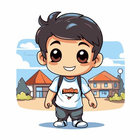 Cute little boy cartoon on the background of the house. Vector i