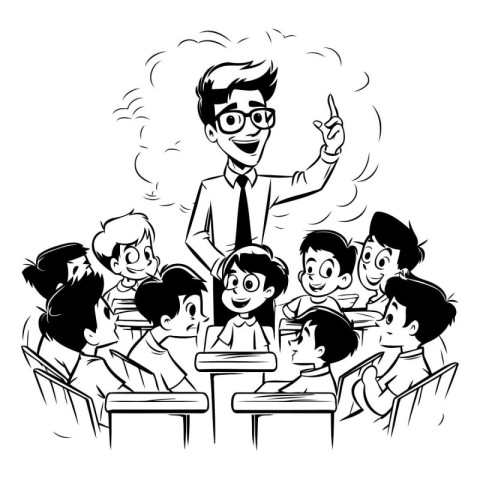 Teacher and pupils in classroom. Black and white vector illustra