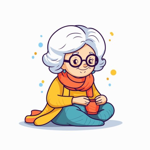 Grandmother with a cup of tea or coffee. Vector illustration.