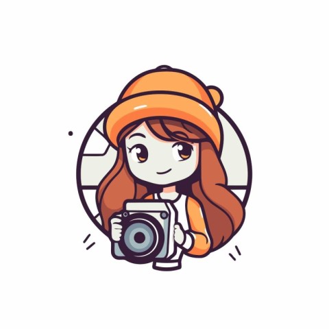 Cute hipster girl in hat with camera. Vector illustration.