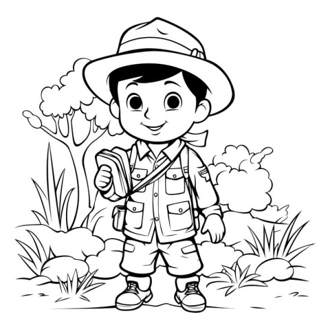 Black and White Cartoon Illustration of Little Boy Scout or Expl