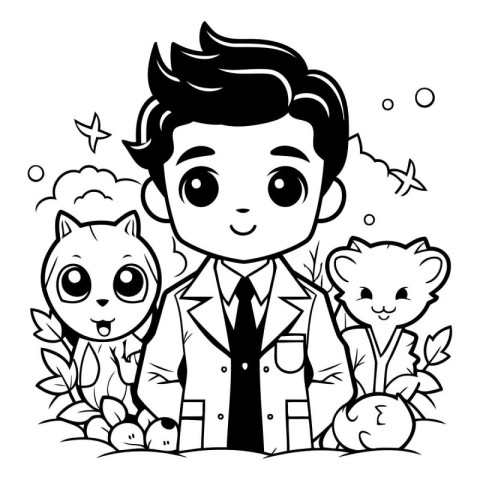 Black and White Cartoon Illustration of Kid Boy Animal Character