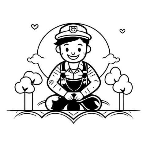 cute policeman with hat and uniform in the field vector illustra