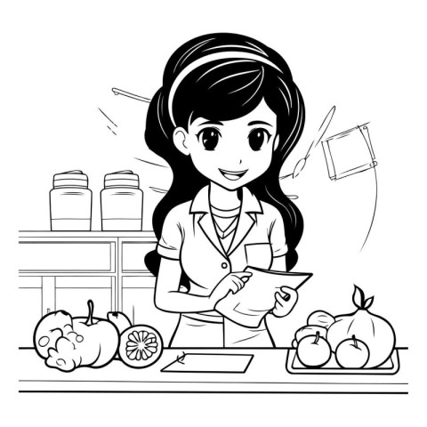 Black and white illustration of a young woman in the kitchen wri