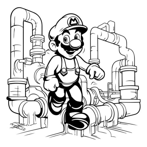 Black and White Cartoon Illustration of Industrial Worker Charac