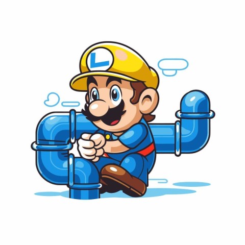 Cute cartoon plumber with pipe isolated on white background. Vec