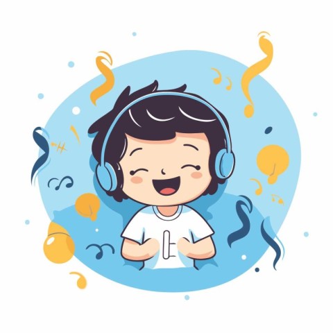 Cute boy with headphones and confetti. Vector flat illustration.