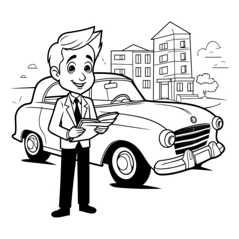 Cartoon businessman with a car on the street vector illustration