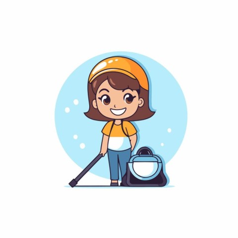 Cute little girl with a backpack and a hockey stick. Vector illu