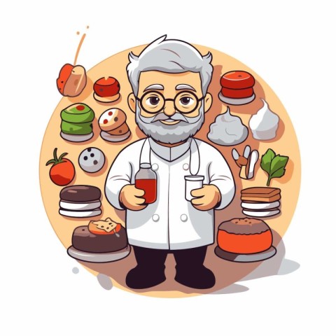 Cartoon illustration of a chef cook holding a glass of tomato ju