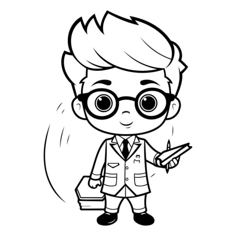 Vector illustration of a boy in glasses holding a pencil and a b