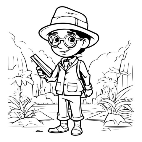 Black and White Cartoon Illustration of Kid Boy scout or safari