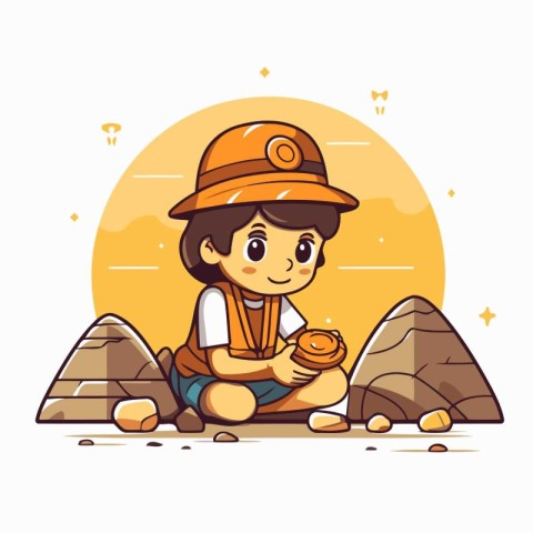 Cute cartoon explorer boy sitting on the stone. Vector illustrat